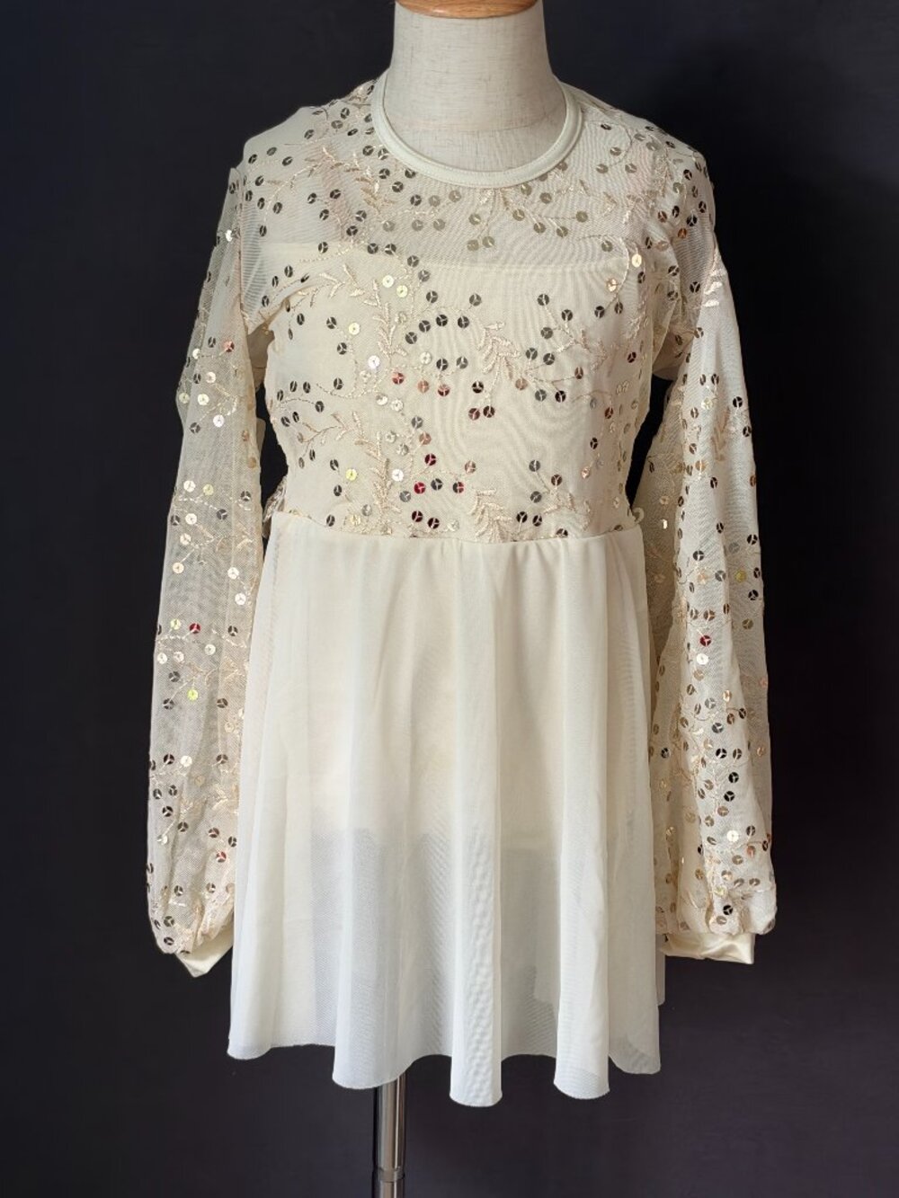 Weissman Ivory Gold Sequin Mesh Poet Sleeve Dress Lyrical Dance Costume MA